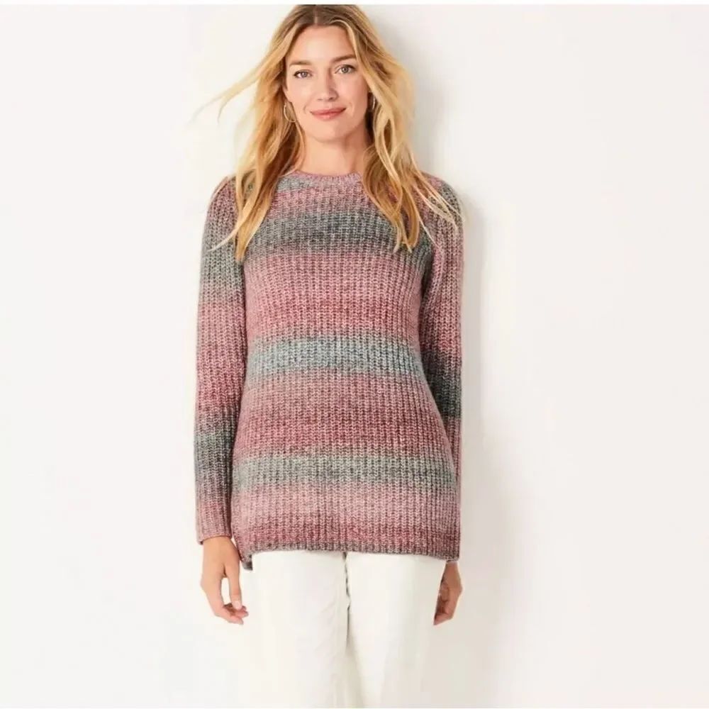 J. Jill Ombre Stripe Crewneck Sweater Wool Blend Size XL Petite Pink Gray Chunky